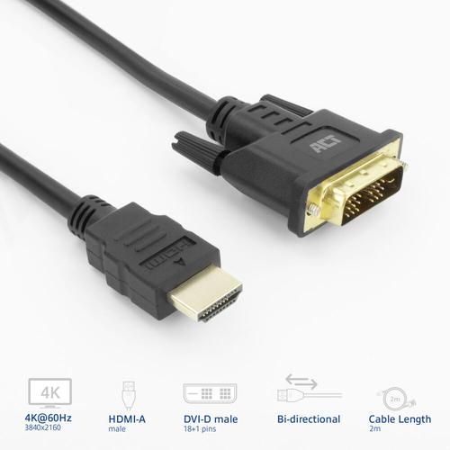 ACT AK3735 video kabel adapter 2 m HDMI Type A (Standaard) DVI-D Zwart - Image 2