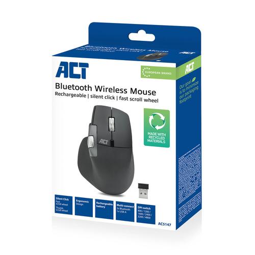 ACT Draadloze multi-connect muis Bluetooth en USB ontvanger, oplaadbaar, 4800 DPI met stille klik, snel scrolwiel en duimscrolwiel, gemaakt van gerecyclede materialen - Image 9