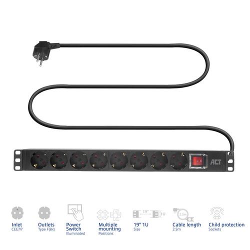 ACT Stekkerdoos PDU 19" CEE7/7 8-voudig type F, 2,5m H05VV-F 3G1.5 - Image 2