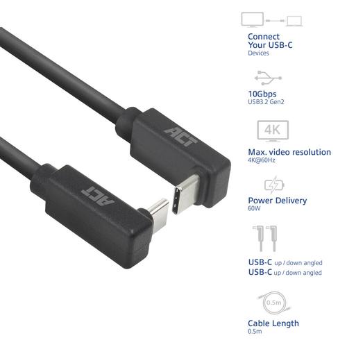 ACT USB 3.0 10Gbps 60W USB Type-C (haaks boven/beneden) naar USB Type-C (haaks boven/beneden) kabel, 2 meter - Image 2