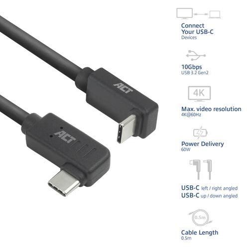 ACT USB 3.0 10Gbps 60W USB Type-C (haaks links/rechts) naar USB Type-C (haaks boven/beneden) kabel, 2 meter - Image 2