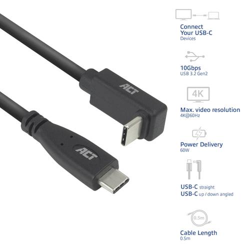 ACT USB 3.0 10Gbps 60W USB Type-C (recht) naar USB Type-C (haaks boven/beneden) kabel, 1 meter - Image 2