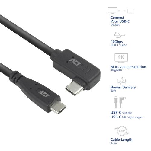 ACT USB 3.0 10Gbps 60W USB Type-C (recht) naar USB Type-C (haaks links/rechts) kabel, 0,5 meter - Image 2