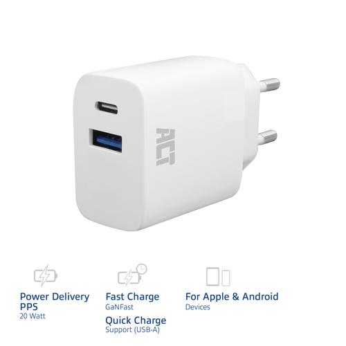 ACT USB-C & USB-A lader 20W met Power Delivery PPS, Quick Charge, GaNFast - Image 2
