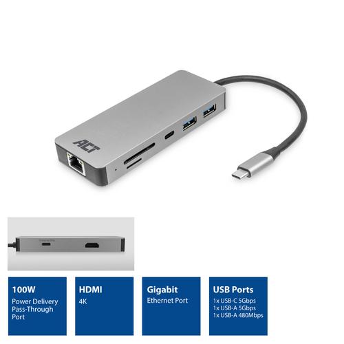 ACT USB-C 4K docking station voor 1 HDMI monitor, ethernet, USB-C, USB-A, cardreader en PD pass-through - Image 5