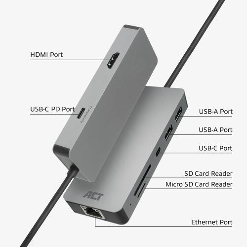 ACT USB-C 4K docking station voor 1 HDMI monitor, ethernet, USB-C, USB-A, cardreader en PD pass-through - Image 6