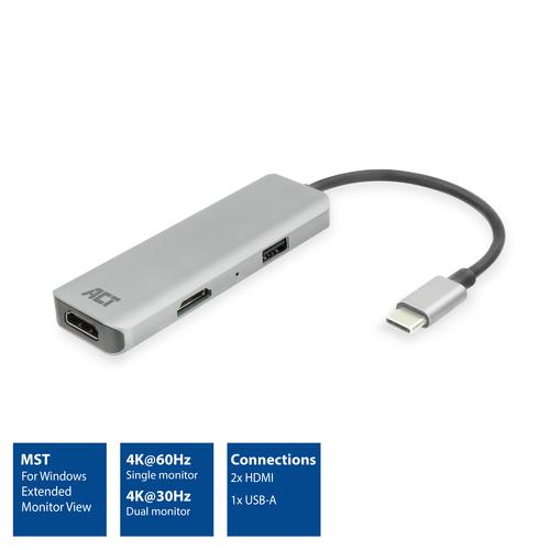 ACT USB-C 4K multiport adapter voor 2 HDMI schermen, USB-A datapoort - Image 2