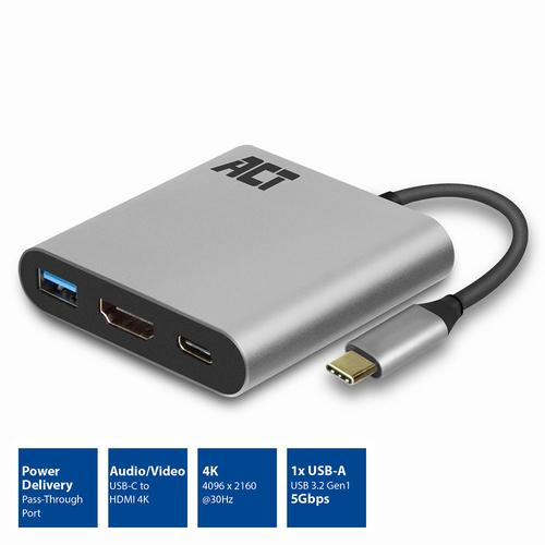 ACT USB-C multiport adapter voor 1 HDMI monitor, 1x USB-A, PD pass-through - Image 2