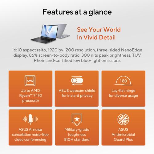 ASUS Vivobook 14 M1405NAQ-LY025W AMD Ryzen™ 7 170 Laptop 35,6 cm (14") WUXGA 16 GB DDR5-SDRAM 512 GB SSD Wi-Fi 6 (802.11ax) Windows 11 Home Nederlands Zwart - Image 7