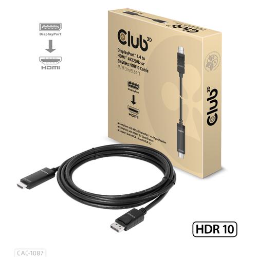 CLUB3D DisplayPort 1.4 to HDMI 4K120Hz or 8K60Hz HDR10 Cable M/M 3m/9.84ft - Image 1