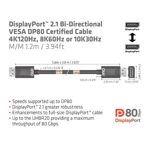 CLUB3D DisplayPort 2.1 Bi-Directional VESA DP80 Gecertificeerde kabel 4K240Hz, 8K60Hz or 10K30Hz M/M 1.2m/3.94ft - Image 3