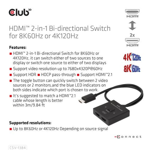 CLUB3D HDMI 2-in-1 Bi-directional Switch for 8K60Hz or 4K120Hz - Image 2