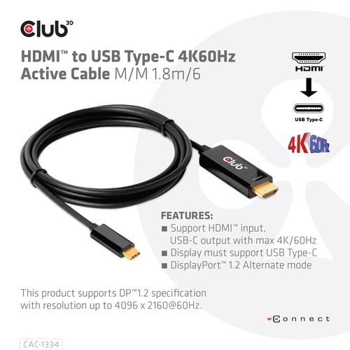 CLUB3D HDMI to USB Type-C 4K60Hz Active Cable M/M 1.8m/6 ft - Image 3