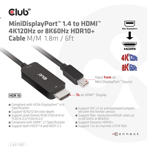 CLUB3D MiniDisplayPort kabel 1.4 naar HDMI met 4K120Hz/8K60Hz HDR10+ M/M 1.8m - Image 2