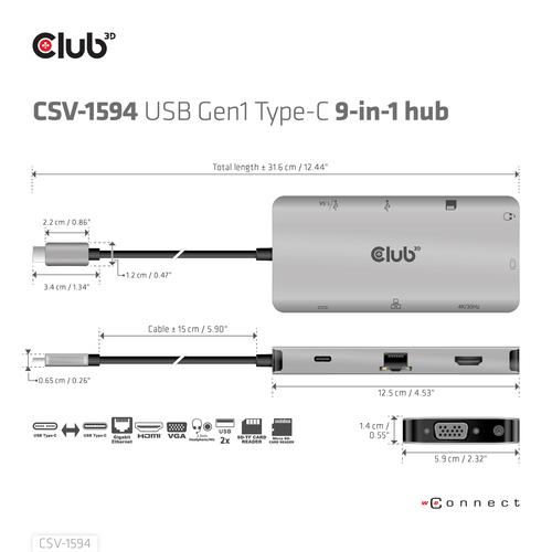CLUB3D Type-C 9-in-1 hub with HDMI, VGA, 2x USB Gen1 Type-A,RJ45,SD/Micro SD card slots and USB Type-C oplaad mogelijkheid tot max 100Watt( Ook geschikt voor Apple M1 en Thunderbolt 3) - Image 3