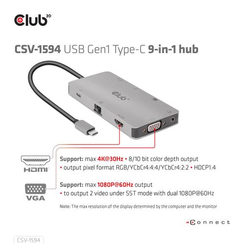 CLUB3D Type-C 9-in-1 hub with HDMI, VGA, 2x USB Gen1 Type-A,RJ45,SD/Micro SD card slots and USB Type-C oplaad mogelijkheid tot max 100Watt( Ook geschikt voor Apple M1 en Thunderbolt 3) - Image 4