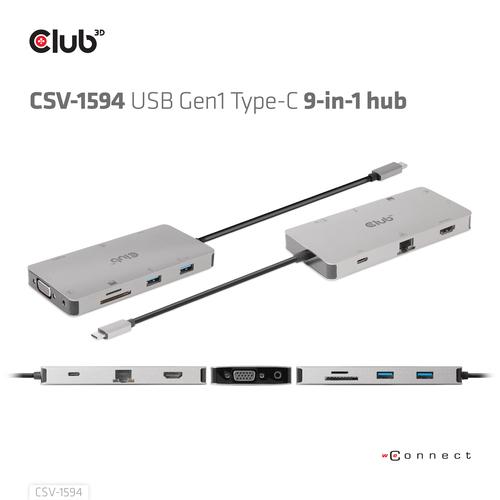 CLUB3D Type-C 9-in-1 hub with HDMI, VGA, 2x USB Gen1 Type-A,RJ45,SD/Micro SD card slots and USB Type-C oplaad mogelijkheid tot max 100Watt( Ook geschikt voor Apple M1 en Thunderbolt 3) - Image 5