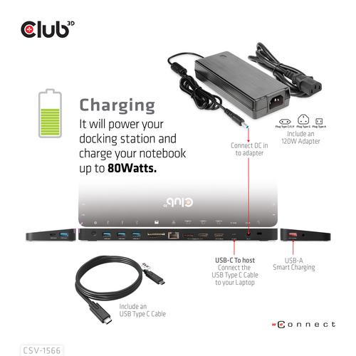 CLUB3D Universeel Docking station met 120W max/Power adapter voor het opladen van de allerzwaarste laptops met USB type C aansluiting, 2x HDMI, 1x DP( DisplayLink™ gecertificieerd en DP alt modus ) - Image 2