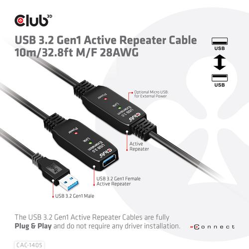CLUB3D USB 3.2 Gen1 Active Repeater Cable 10m / 32.8ft M/F 28AWG - Image 4