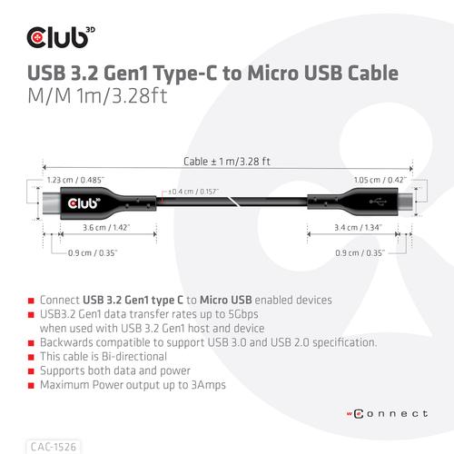 CLUB3D USB 3.2 Gen1 Type-C to Micro USB Cable M/M 1m /3.28ft - Image 4