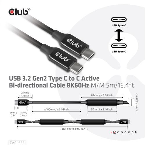 CLUB3D USB 3.2 Gen2 Type C naar C Actieve Bi-directionele Kabel 8K60Hz (alt modus) M/M 5m/16.4ft - Image 5
