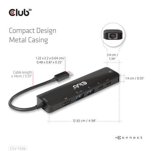 CLUB3D USB Gen1 Type-C, 6-in-1 Hub with HDMI 8K30Hz, 2xUSB Type-A, RJ45 and 2xUSB Type-C, Data and PD charging 100 watt - Image 2