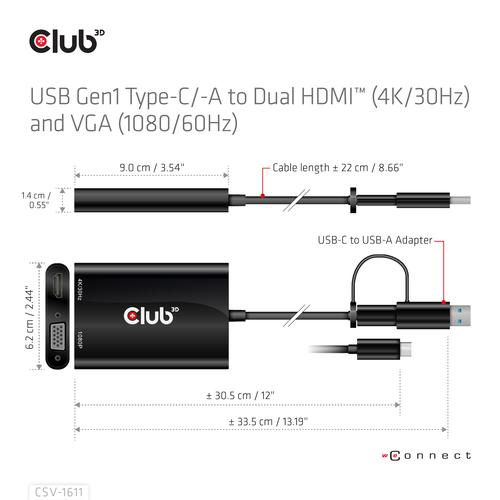 CLUB3D USB Gen1 Type-C/-A to Dual HDMI (4K/30Hz) / VGA (1080/60Hz) - Image 4