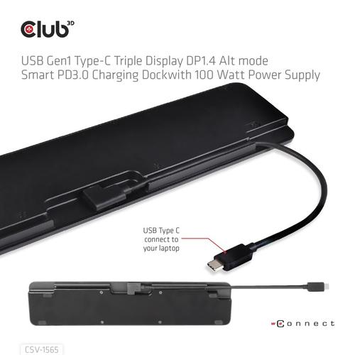 CLUB3D USB Gen1 Type-C Triple Display DP1.4 Alt mode Smart PD3.0 Charging Dock with 100 Watt Power Supply - Image 4