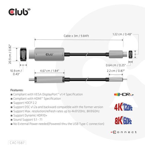 CLUB3D USB Gen2 Type-C to HDMI 4K120Hz 8K60Hz HDR10 with DSC1.2 Active Cable M/M 3m - Image 5