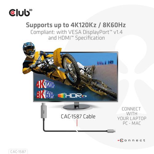 CLUB3D USB Gen2 Type-C to HDMI 4K120Hz 8K60Hz HDR10 with DSC1.2 Active Cable M/M 3m - Image 7