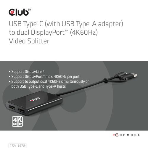 CLUB3D USB Type-C (with USB Type-A adapter) to dual DisplayPort™(4K60Hz) Video Splitter - Image 2