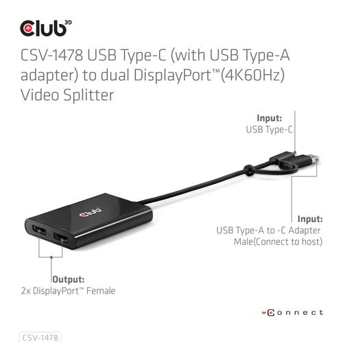 CLUB3D USB Type-C (with USB Type-A adapter) to dual DisplayPort™(4K60Hz) Video Splitter - Image 4