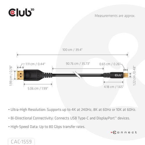 CLUB3D USB Type-C Cable to DP 2.1 Bi-Directional VESA DP80 Certified Cable M/M 1m/3.28ft - Image 2