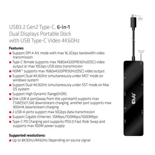 CLUB3D USB3.2 Gen2 Type-C, 6-in-1 Dual Displays Portable Dock with USB Type-C Video 4K60Hz - Image 4