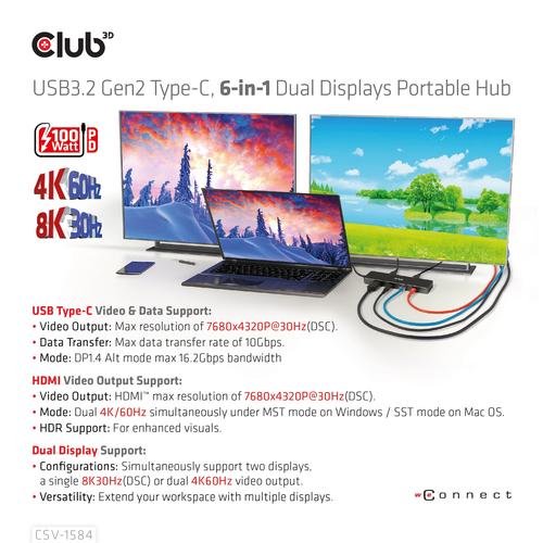 CLUB3D USB3.2 Gen2 Type-C, 6-in-1 Dual Displays Portable Dock with USB Type-C Video 4K60Hz - Image 9