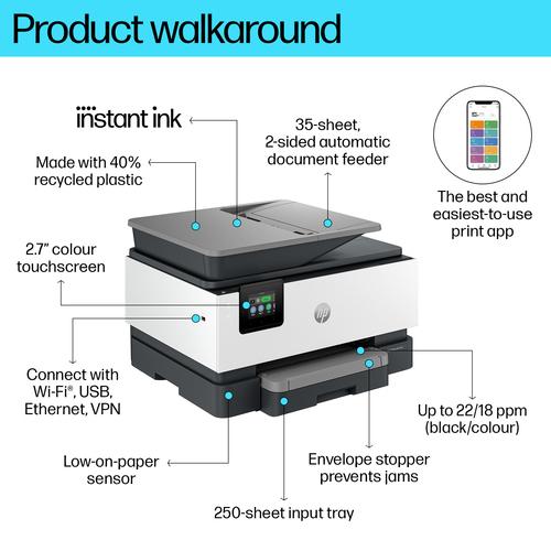 HP OfficeJet Pro 9120e Draadloos All-in-One Kleur Printer, Instant Ink; Dubbelzijdig printen - Image 2