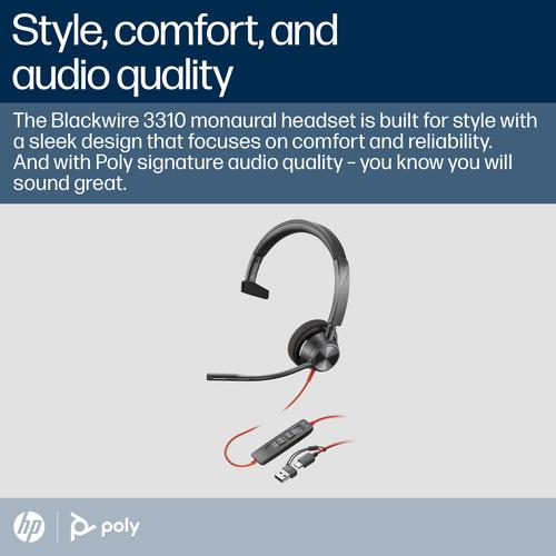 HP Poly Blackwire 3310 Monaural Microsoft Teams Certified USB-C Headset + USB-C/A adapter - Image 2