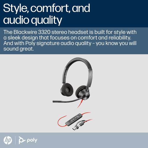 HP Poly Blackwire 3320 Stereo Microsoft Teams Certified USB-C Headset + USB-C/A adapter - Image 1