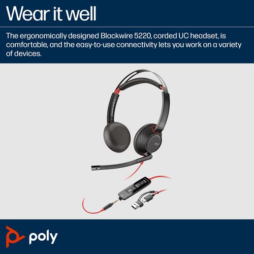 HP Poly Blackwire 5220 Stereo USB-C Headset + 3,5 mm plug + USB-C/A adapter - Image 2
