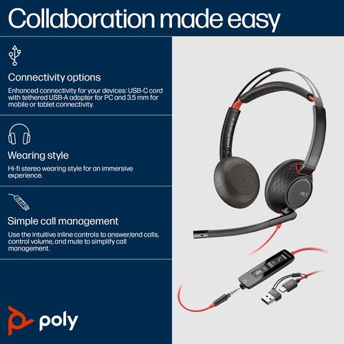 HP Poly Blackwire 5220 stereo USB-C-headset + 3,5 mm stekker + USB-C/A-adapter (bulk) - Image 6