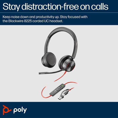 HP Poly Blackwire 8225 Stereo Microsoft Teams Certified USB-C Headset + USB-C/A adapter - Image 6