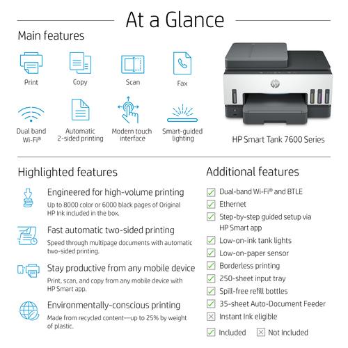 HP Smart Tank 7606 Draadloos All-in-One Kleur Printer, Dubbelzijdig printen; Kopieerapparaat, Scanner - Image 2