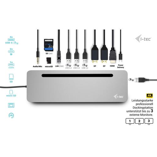 i-tec USB-C Metal Ergonomic 3x 4K Display Docking Station with Power Delivery 100 W + Universal Charger 100 W - Image 3