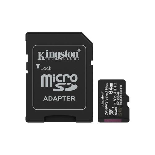 Kingston Technology 64GB microSDXC Canvas Select Plus Gen3 100MB/s A1 kaart + adapter